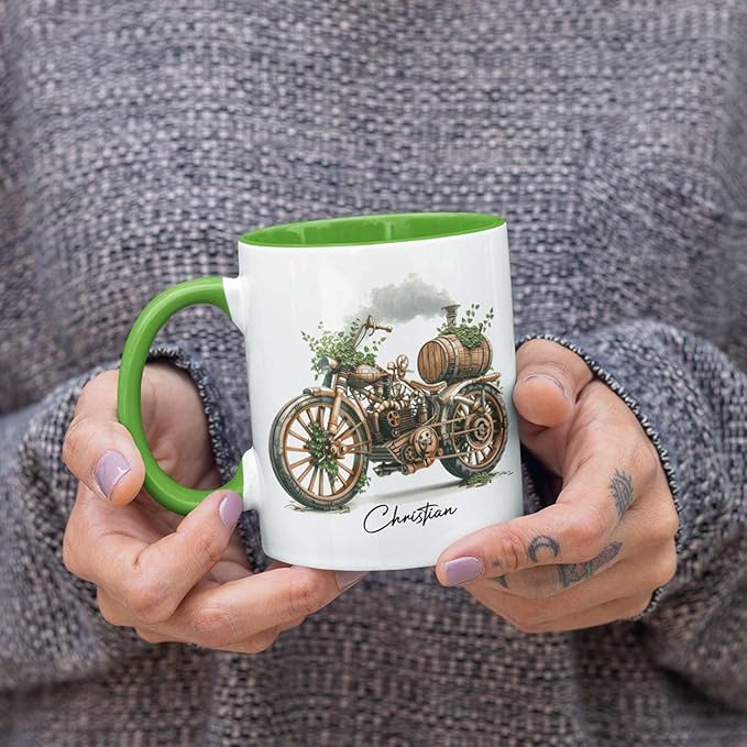 Customized Steampunk Motorcycle Mug With Vintage Design, Personalized Choose Name Coffee Cup 11oz Or 15oz, Custom Steampunk Mug, Unique Steam Engine White Ceramic Mug, Gift For Dad-Ruum Studio Home