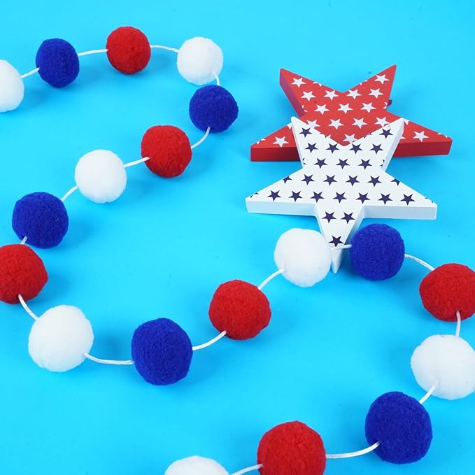 TBD Decor 3pk 4th of July Decorations Patriotic Red White Blue Pom Pom Garland 20FT 4cm Large Felt Ball Garland for Independence Day,Party Home Supplies Decorations-Ruum Studio Home