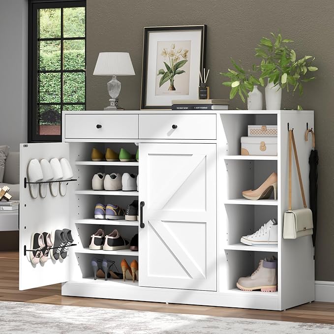 Loomie 5-Tier Shoe Cabinet with 4 Side Cubbies, Farmhouse Shoe Rack Cabinet with 6 Adjustable Shelves & 2 Drawers, Freestanding Shoe Storage Cabinet with 4 Brackets & 2 Hooks for Entryway (White)-Ruum Studio Home