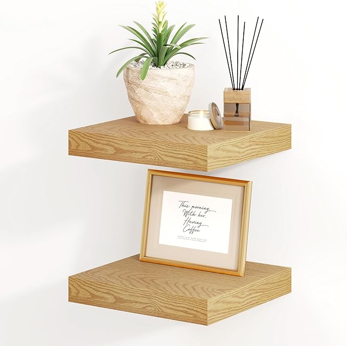 Fun Memories Floating Shelves, 8 Inch Deep Floating Shelves for Wall, 8 x 8 Wall Shelves, Rustic Wood Floating Shelf for Living Room, Bedroom, Bathroom, Oak Color, Set of 2-Ruum Studio Home