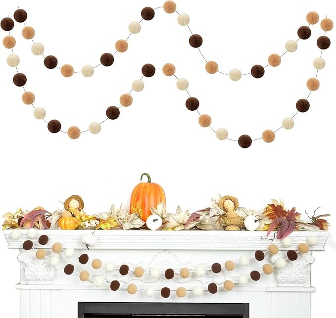 TBD Decor 2pk Pom Pom Garland 13FT Colorful Large Felt Ball Garland Fall Decoration for Mantle,Indoor Holiday Wedding Birthday Party Supplies(White Brown,4cm)-Ruum Studio Home
