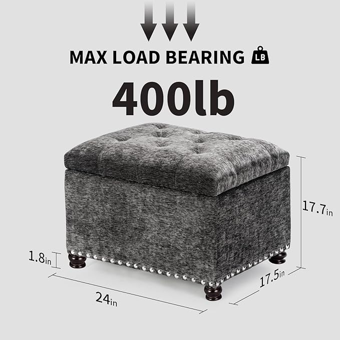 Joveco Storage Ottoman Bench, Rectangle 24" Velvet Foot Rest Stool Square Footstool for Living Room, Bedroom, Charcoal Grey-Ruum Studio Home