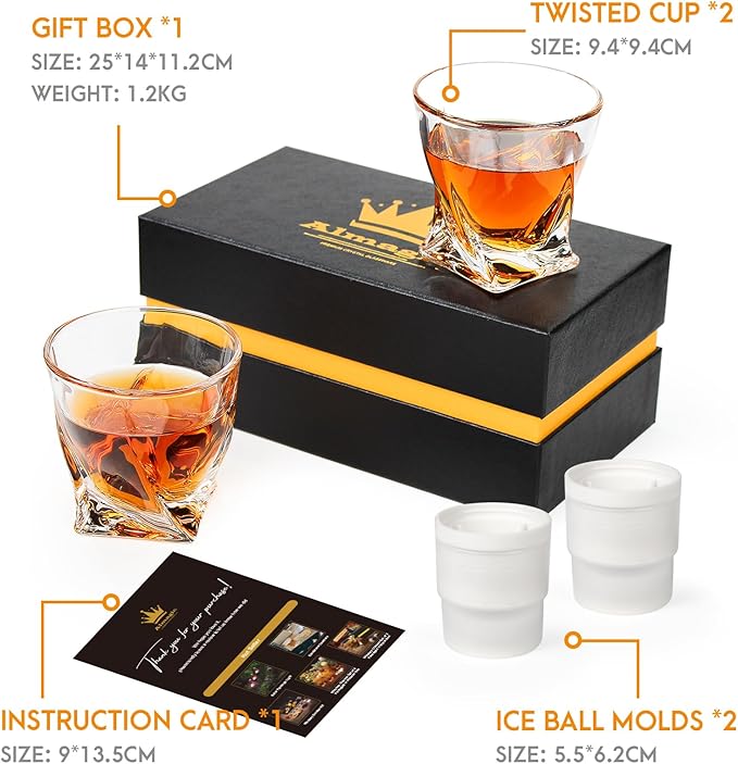 Crystal Whiskey Glasses Set of 2 with Ice Ball Molds, 11 Oz Old Fashioned Glasses Packaged in Giftable Box, Twisted Style Bourbon Glasses Gifts for Men, Stylish Whiskey Glasses Set-Ruum Studio Home
