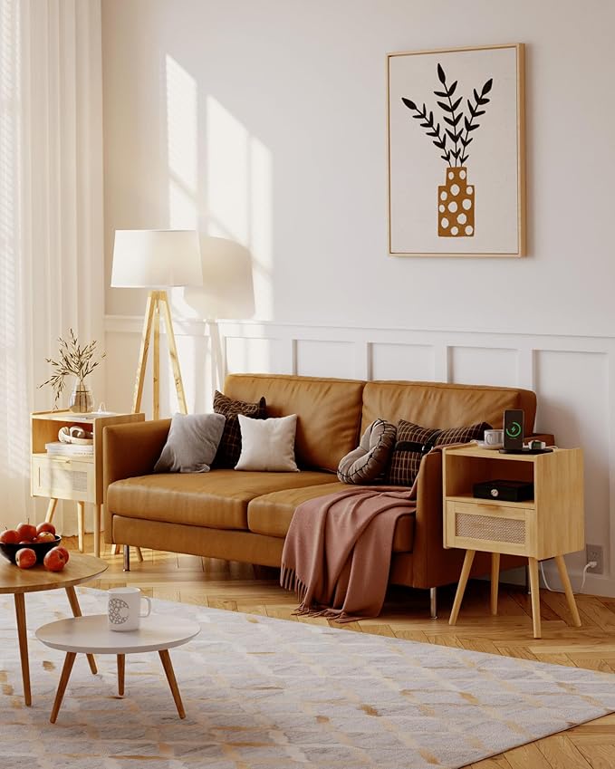 Rattan Nightstand with Outlet,Modern Bedside Table with Storage Drawer and Open Wood Shelf, for Living Room, Bedroom and Small Spaces, Accent Night Stand with Solid Wood Legs,Yellow Oak-Ruum Studio Home