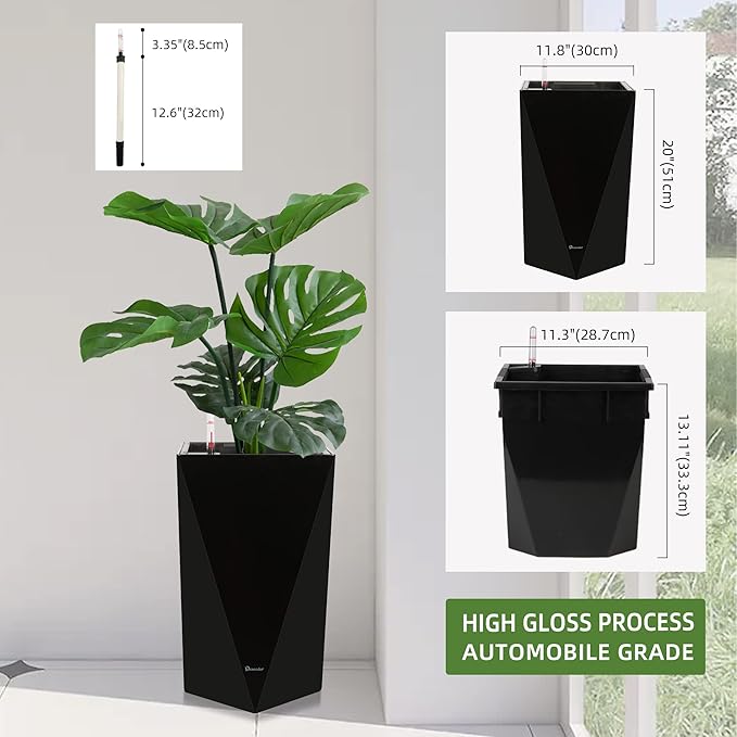 Dexceder 20 Inches Tall Self Watering Planter Diamond High Gloss Indoor Outdoor, Thickened Rhombus Large Floor Standing Flower Plant Pot with Water Level Indicator (Black)-Ruum Studio Home