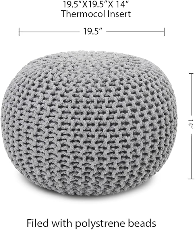 REDEARTH Round Boho Pouf Ottoman - Cable Knitted Cord Boho Pouffe - Stuffed Poof Accent Beanbag Footrest for Living Room - Nursery - Bedroom - Covered Patio - Study Nook (19.5"x19.5"x14") - Gray-Ruum Studio Home