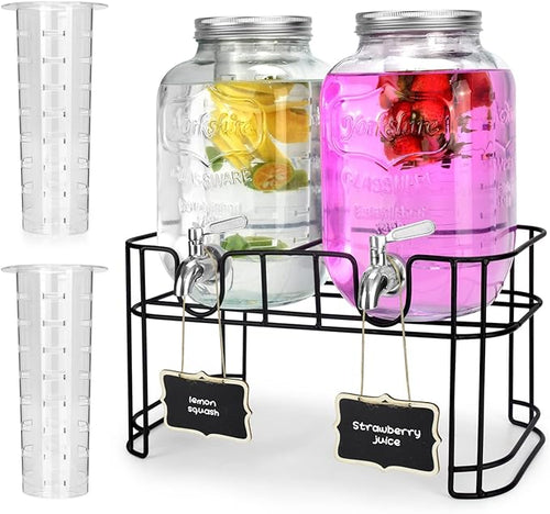 1 Gallon Glass Drink Dispensers For Parties 2PACK.Beverage Dispenser,Glass Drink Dispenser With Stand And Stainless Steel Spigot 100% Leakproof.Lemonade Dispenser With Ice Cylinder.Laundry Detergent-Ruum Studio Home
