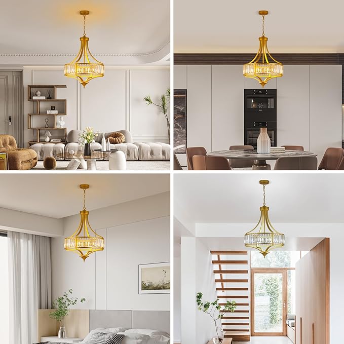 Modern Gold Crystal Chandelier, 20 Inch Large Ceiling Pendant Light Fixture with 50'' Adjustable Hanging Chain, 5-Light Farmhouse Chandelier for Dining Room, Living Room, Bedroom, Entryway-Ruum Studio Home