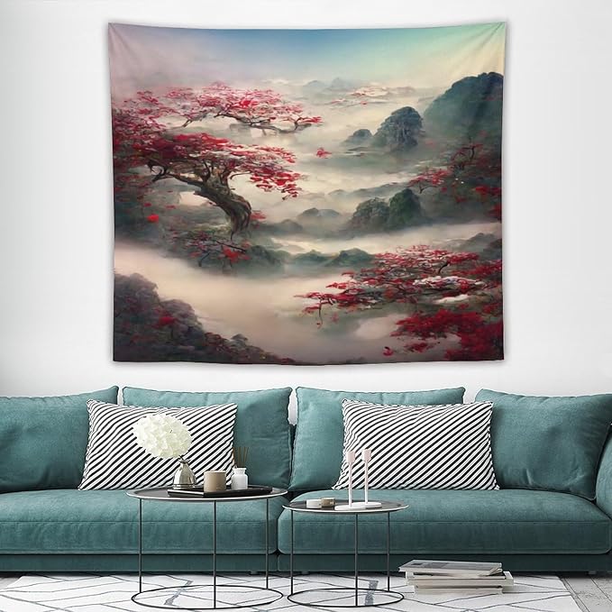 Japanese Tapestry, Red Plum Cherry Blossom Mountain Tapestry, Asian Japanese Wall Tapestry, Nature Landscape Tapestries for Bedroom Living Room Decor 60"x50"-Ruum Studio Home