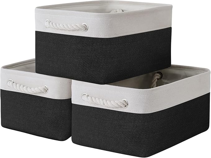 TheWarmHome Storage Basket for Organizing - 3 Pack 13.8x9.8x6.7 inch Medium Collapsible Storage Bin for Shelves with Handles Organizer Closet Cubes Cloth Gift Toy (White & Black)-Ruum Studio Home