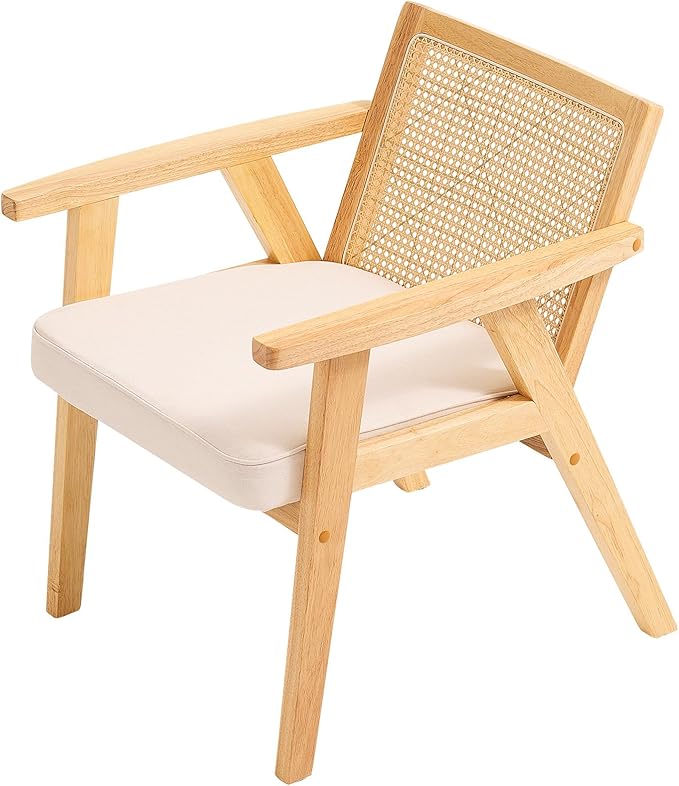 VEVOR Mid Century Modern Rattan Chair, Upholstered Velvet Accent Chair with Rattan Back, Retro Living Room Chair for Living Room, Bedroom, Reading Room, and Office, Beige-Ruum Studio Home