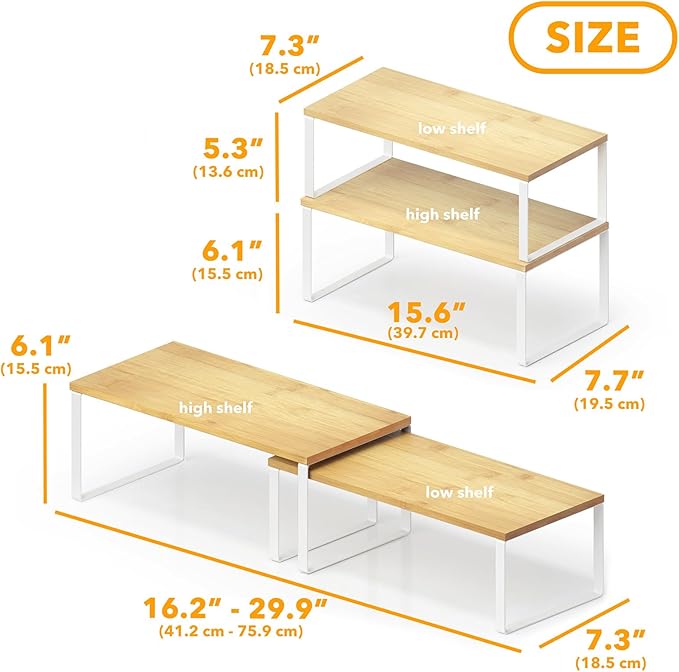 SpaceAid Cabinet Shelf Organizers 2 Pack, Kitchen Counter Rack Shelves Riser, Stackable Expandable Spice Rack, Pantry Cupboard Storage Organization (White and Natural, Long)-Ruum Studio Home