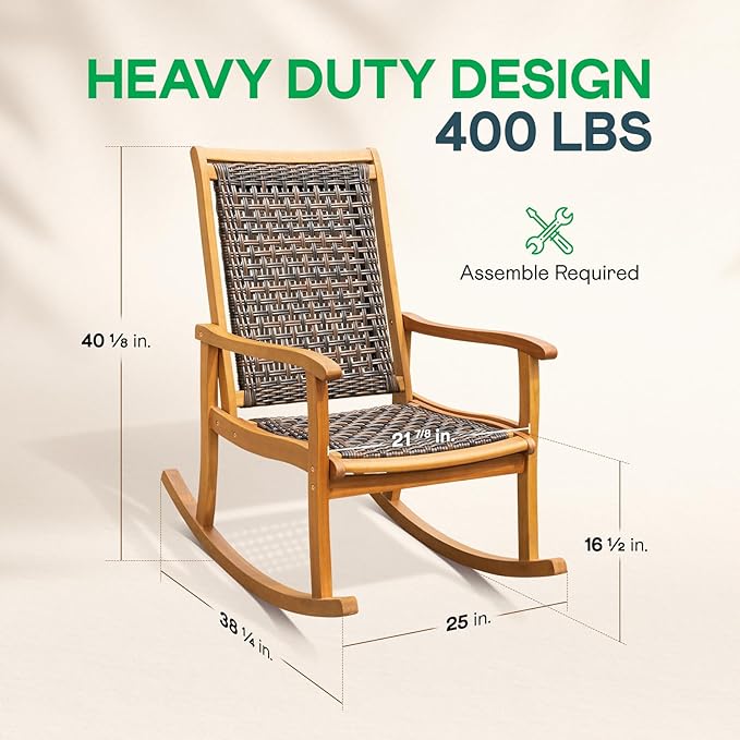 Idzo Wood Wicker Rocking Chair, 400 lbs Capacity, Durable Eucalyptus Wood, Natural Finish, Comfortable Curvy Design, Ideal for Deck, Patio Furniture, Teak Outdoor Furniture, Set of 2-Ruum Studio Home