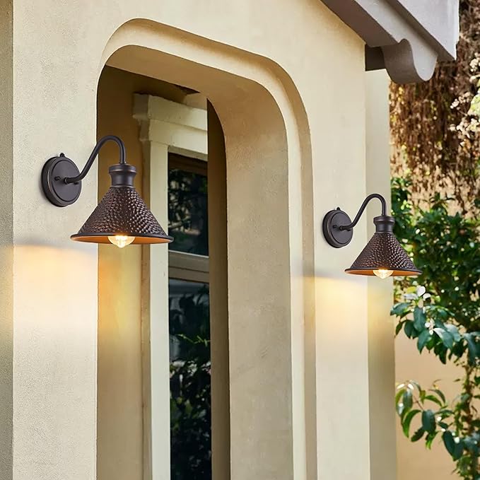 Dusk to Dawn Outdoor Gooseneck Wall Sconce with Dark Sky Cast Hammered Aluminum Shade in Oil Rubbed Bronze Finish,Anti-Rust Waterproof Outdoor Light for Farmhouse Porch Garage,1-Light E26-Ruum Studio Home
