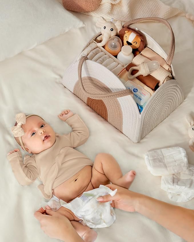 Blissful Diary Baby Diaper Caddy Organizer, Cotton Rope Diaper Caddy Basket, Large Storage Basket for Newborn Boys and Girls, Gift for Baby Shower List, Newborn Essentials, Earthy Rainbow-Ruum Studio Home