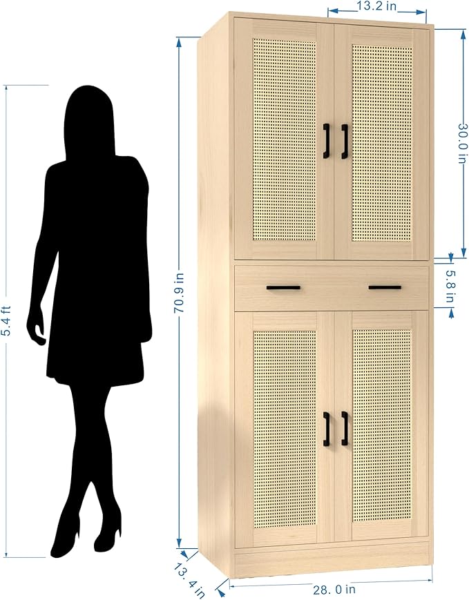 71" Tall Oak & Rattan Pantry Cabinet - Boho Chic Kitchen Storage with Doors & Drawer for Dining Room, Hallway or Kitchen Organization-Ruum Studio Home