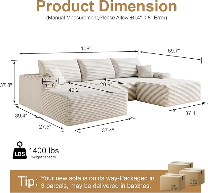 108" Sectional Couches for Living Room Modern Modular Sofa with L-Shape Couchs Upholstered Boneless Couch Deep Seat Sectional Couch with Chaise (White, Left Facing Chaise+2Seaters+1Ottoman)-Ruum Studio Home