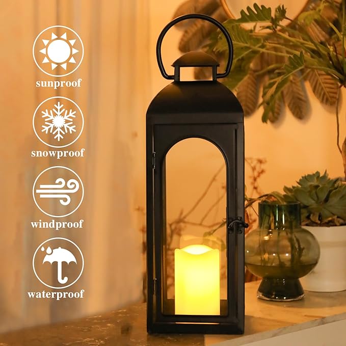 Bdor 20 Inches Metal and Stainless Steel Glass Decorative Lantern with Electronic Wax Effect - Indoor/Outdoor Decorative Lighting, Handcrafted Aesthetic, Perfect for Home, Parties, and Holiday Decor-Ruum Studio Home