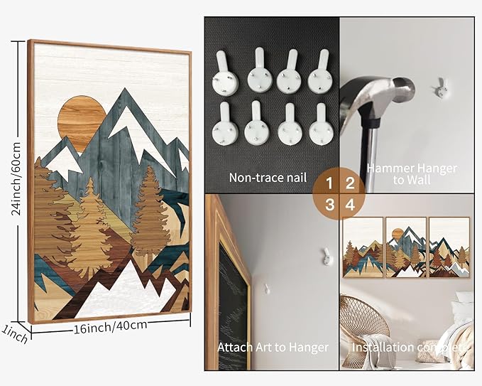 SIGNINART Vintage Mountain Framed Canvas Wall Art Set, Boho Sunrise Art Prints, Forest Nature Wilderness Art Paintings, Modern Farmhouse Woodcut Style Wall Decor for Living Room Bedroom, Office 16"x24"x3-Ruum Studio Home