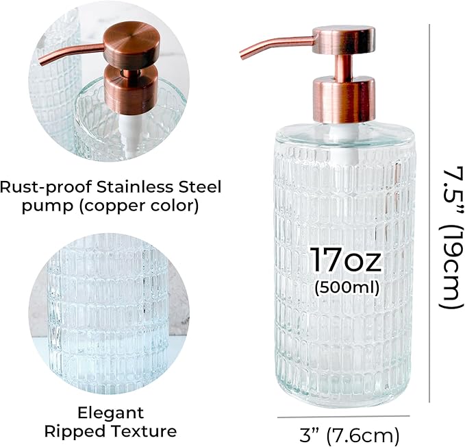 Lunestella Elegant Fluted Glass Dispenser with Stainless Steel Pump, 17oz, Decorative Bottle for Bathroom and Kitchen (Copper)-Ruum Studio Home
