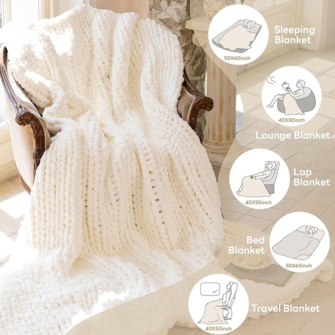 Chunky Knit Blanket - Luxury Soft Cozy Extra Large Size (80 * 90) Throw Blanket,100% Woven Blanket Rope Knot Throw Blanket for Couch, Sofa, Home Decor, Gift - Machine Washable（Milk White ）-Ruum Studio Home