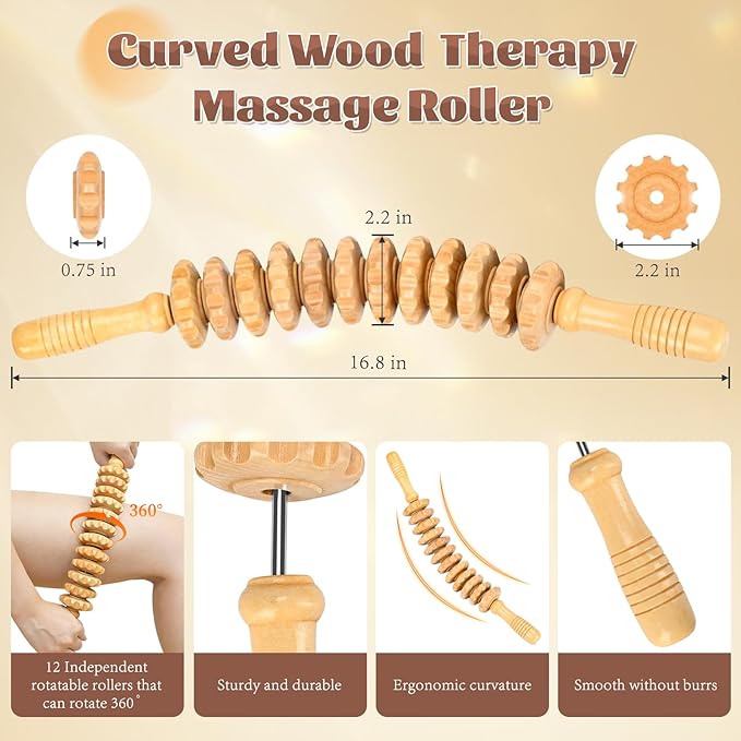 Curved Wood Therapy Massage Roller Tools,Wooden Lymphatic Drainage Massager,Cellulite Massage Tool & Muscle Roller Stick for Cellulite Reduction,Muscle Tension and Body Shaping-Ruum Studio Home