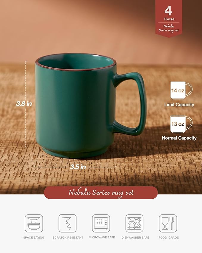 famiware Coffee Mugs Set of 4, Nebula 14oz Coffee Mugs, Ceramic Cup Set with Handle for Latte, Tea, Milk, Cappuccino, Cocoa, Dark Green-Ruum Studio Home