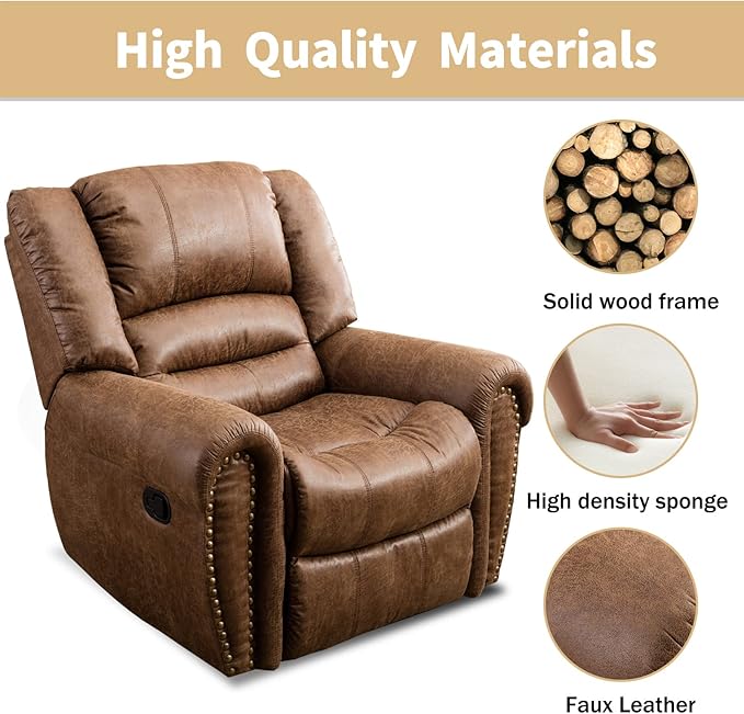 CANMOV Leather Recliner Chair, Classic and Traditional Manual Recliner Chair with Comfortable Arms and Back Single Sofa for Living Room, Nut Brown-Ruum Studio Home