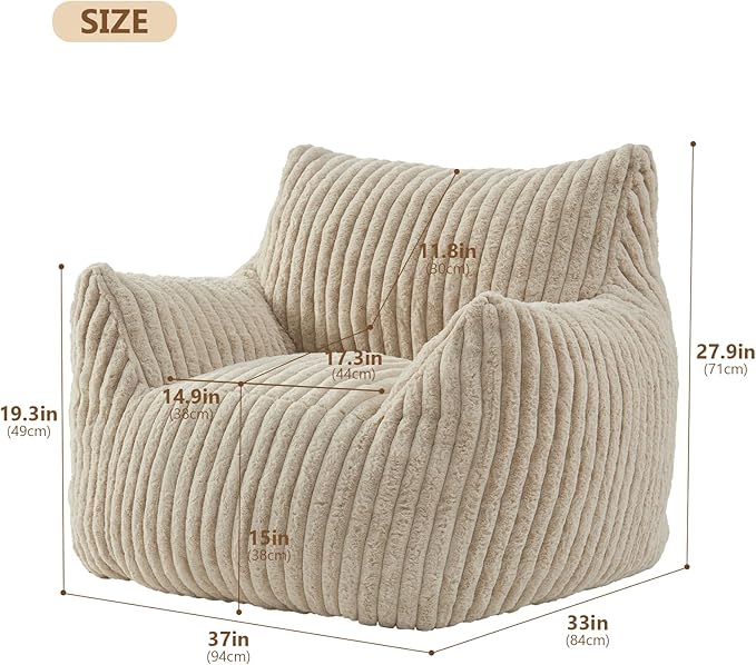 Giant Bean Bag Chairs for Adults Teens, Large Bean Bag Sofa Chairs with Filling Comfy Fuzzy BeanBag Chair with Armrests for Bedroom Living Room Reading-Ruum Studio Home