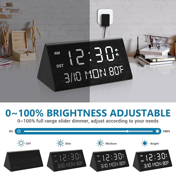 Kogonee Wooden Digital Alarm Clock, 0-100% Dimmer, 2 Alarm Settings, Weekday/Everyday Mode, 9 Mins Snooze, 12/24H, Temperature and Date Display for Office, Travel, Bedroom Alarm Clock (Black)-Ruum Studio Home