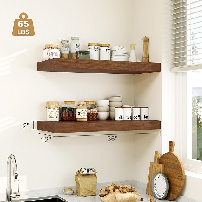 12" Deep Walnut Floating Shelves,Over Toilet Long Wall Mounted Modern Farmhouse 36 inches,Wall Shelves with Invisible Brackets for Bedroom, Bathroom, Living Room, Kitchen, Set of 1-Ruum Studio Home
