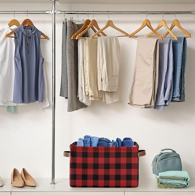 Red and Black Buffalo Plaid Storage Basket Cube Storage Bins Organizer Bag Collapsible Closet Shelf Baskets with handle for Baby Cloth Pet Toy Book 14.2×10.2×8.3 IN-Ruum Studio Home