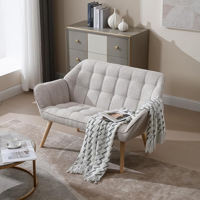 48" Small Loveseat Sofa, Modern Linen Fabric Mini Sofa Couch 2-Seater Love Seat with Quilting Backs and Wood Legs for Living Room, Bedroom and Small Space, Beige-Ruum Studio Home