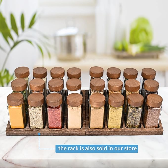 Yangbaga 24Pcs Glass Spice Jars with Labels-4oz Acacia Wood Lid Square Spice Containers and 2pcs Rack with Pepper Grinder Lids &Funnel,Seasoning Jars for Rack Cabinet Drawer-Ruum Studio Home