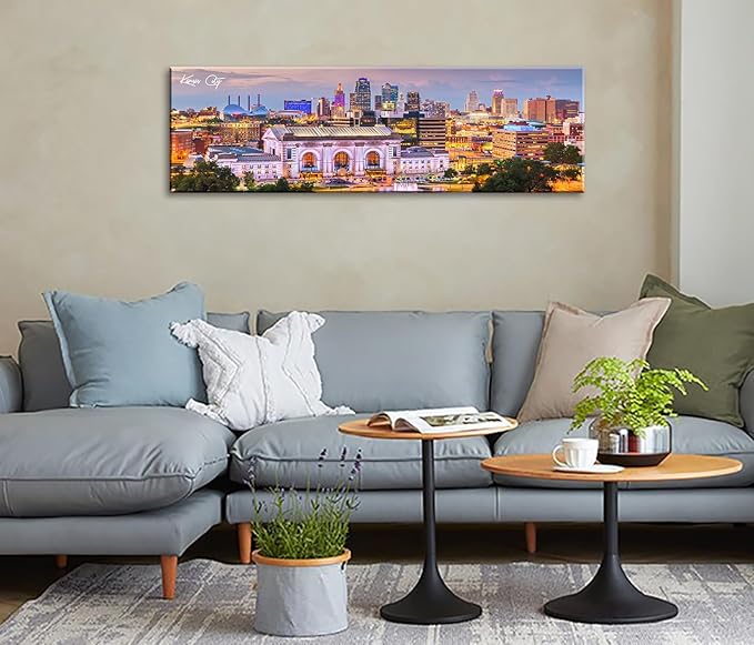 Pictures for Bedroom Kansas City Skyline Wall Art Canvas Prints Cityscape USA City Building Panoramic Night View Posters Modern Home Office Living Room Decoration Framed 13.8"x 45.3"-Ruum Studio Home
