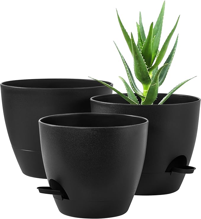 FaithLand 3-Pack Planter Pots, 10 9 8 Inch Self Watering Flower Pots for Indoor Outdoor Garden Plants, Black-Ruum Studio Home