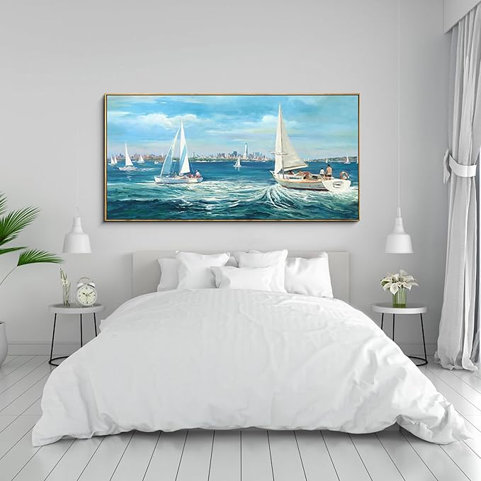 XLSJERST Large Blue Canvas Wall Art Seascape Painting - Landscape Picture Textured Navy Modern Sailboat Ocean Artwork Framed for Living Room Bedroom Bathroom Home Office Wall Decor Large Size 29"x58"-Ruum Studio Home