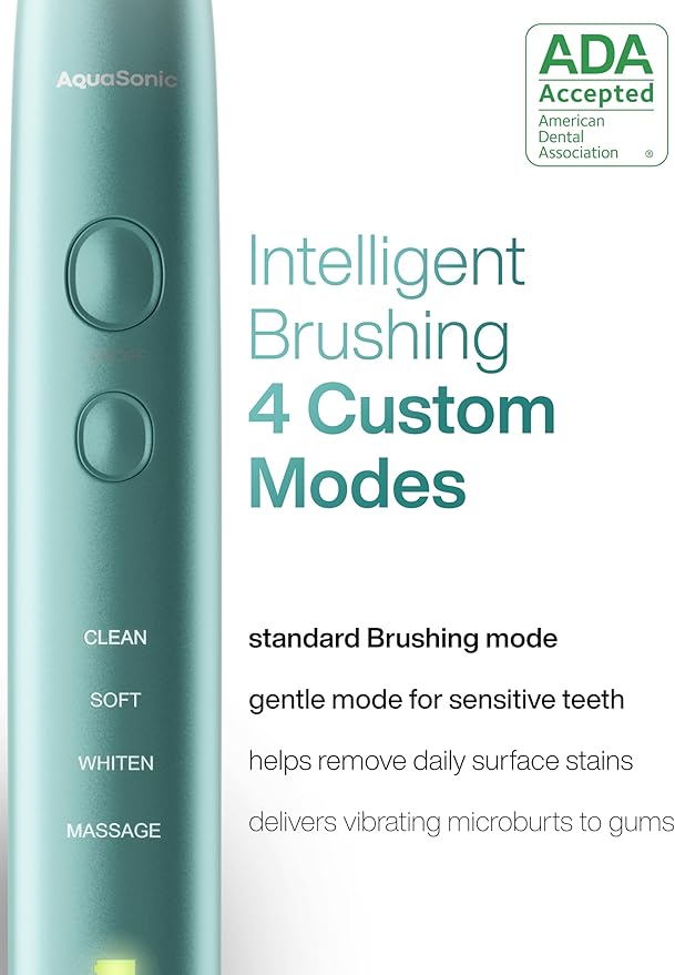 Aquasonic Vibe Series Ultra-Whitening Toothbrush – ADA Accepted Power Toothbrush - 8 Brush Heads & Travel Case – 40,000 VPM Motor & Wireless Charging - 4 Modes w Smart Timer – Mint Green Metallic-Ruum Studio Home