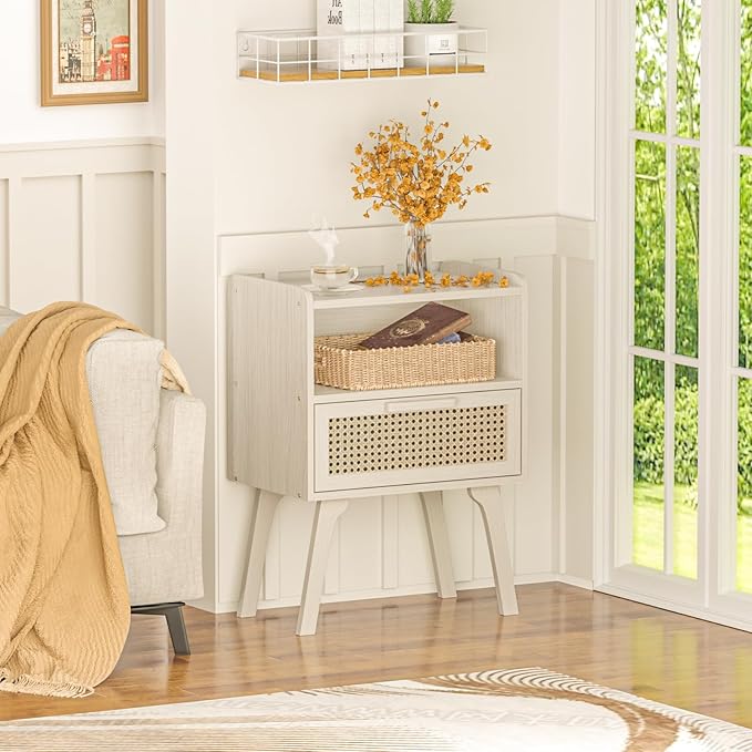 Lerliuo Rattan Nightstand, Side Table with Drawer Open Shelf, Cane Accent Bedside End Table with Solid Wood Legs, Mid Century Modern Night Stand for Bedroom, Dorm and Small Spaces (Grey White)-Ruum Studio Home