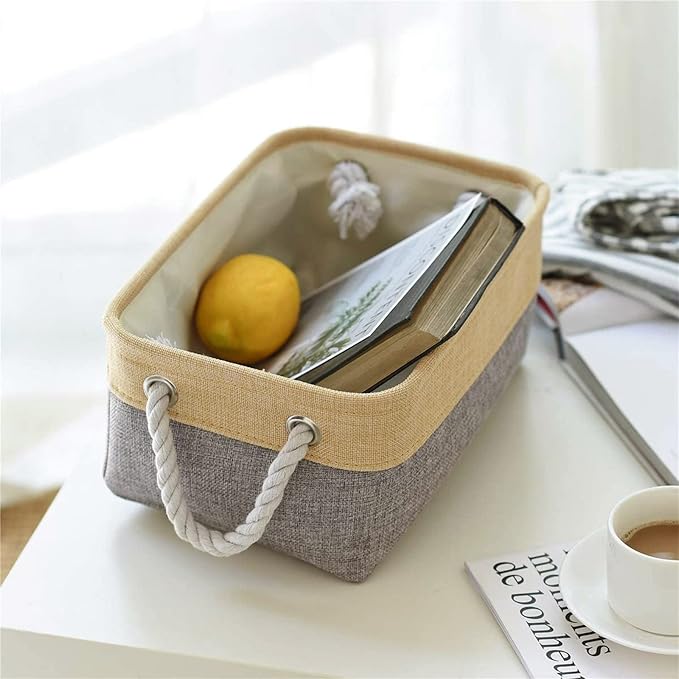 TheWarmHome Decorative Basket Rectangular Fabric Storage Bin Organizer Basket with Handles for Clothes Storage (Gold&Grey, Medium-1Pack,13.8L*9.8W*6.7H)-Ruum Studio Home