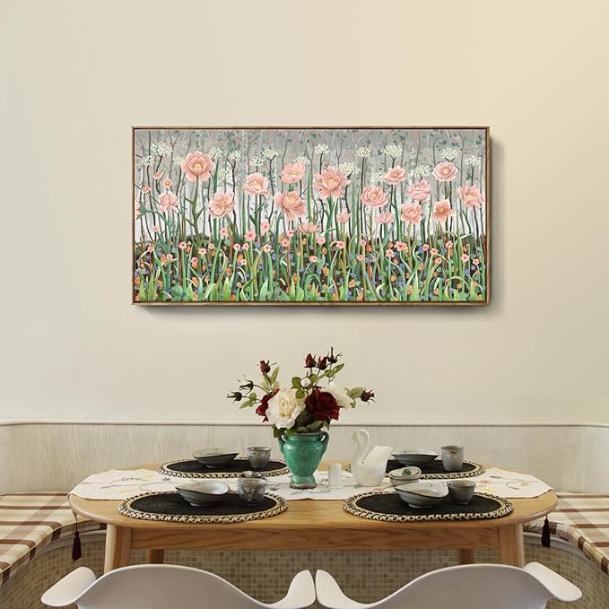 amatop Framed Large Floral Wall Art Modern Botanical Canvas Print Flower Field Wall Decor Abstract Landscape Picture Blooming Flower Forest Pink Green Artwork for Living Room Bedroom Office 48x24 in-Ruum Studio Home