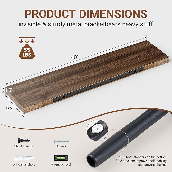 Heimlove 40 Inches Floating Shelves for Wall,9.3" Deep Walnut Long Floating Shelves Set of 2,Large Display Shelf & Storage Shelf,Wall Shelf for Bathroom Bedroom Living Room Kitchen Office-Ruum Studio Home
