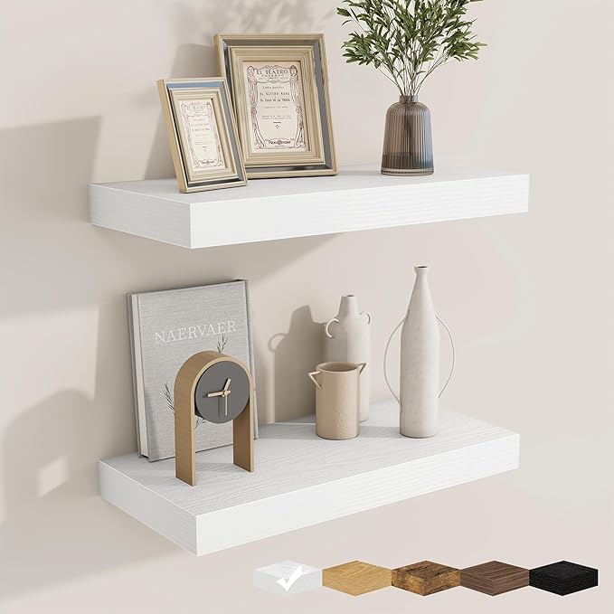 fuqing Floating Shelves for Wall, Bathroom Shelf Wall Mounted for Storage, Shelves with Invisible Bracket for Bedroom, Kitchen, Living Room, Farmhouse Small Book Shelf, 16 Inch Set of 2, White-Ruum Studio Home