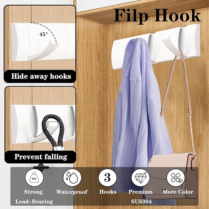 Folding Coat Hooks, Wall Mounted Coat Rack with 3 Retractable Hooks, Heavy Duty Towel Rack for Bathroom Wall Hook for Hanging Clothes Bathrobe, Stainless Steel Coat Hanger for Entryway(White)-Ruum Studio Home