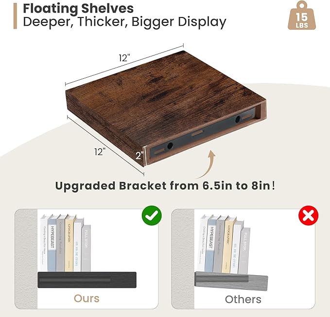 Heimlove 12 Inch Deep Floating Shelves, 12 x 12 inches Long Wall Shelf, Large Extra Display Shelf & Storage Shelf, Rustic Wood Wall Shelves for Fireplace Mantel, Brown - 2Pack-Ruum Studio Home