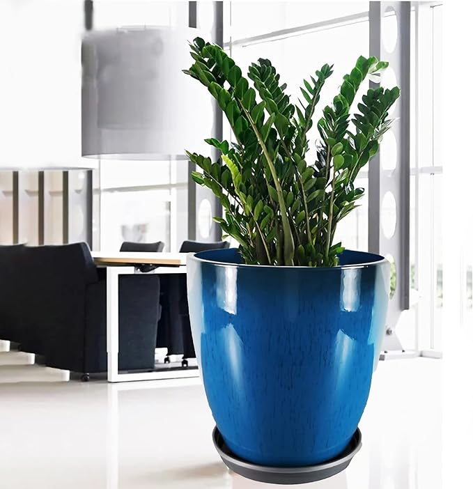 FixtureDisplays® Garden Plastic Round 11.8" Diameter 12" Tall Planter Resin Glazed Faux Ceramic Flower Pots Drainage Hole with Saucer Decorative Pot 15580-NF-Ruum Studio Home