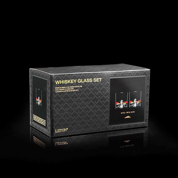 Mount Fuji Heavy Crystal Whiskey Glasses Gift Set of 2, Thick Freezable Bourbon Glass 1lb Each, Premium Whiskey Gifts for Men, Frozen Crystal Chills Cocktails, 10 oz-Ruum Studio Home