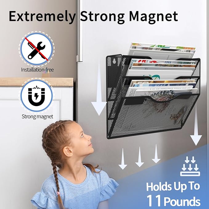 3-Tier Magnetic File Holder, No Drilling Installation File Cabinet Organizer, Black Magnetic File Organizer, Magazine Rack, Magnetic Paper Holder for Refrigerator, File Cabinets, Whiteboard-Ruum Studio Home