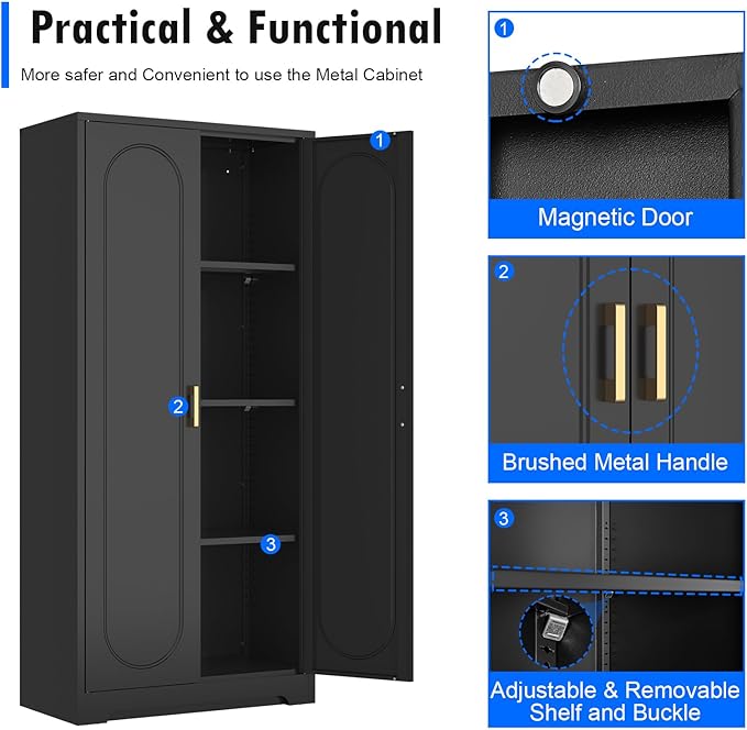 60" Tall Kitchen Pantry Cabinet, Metal Pantry Cabinet with Doors and Adjustable Shelves, Black Utility Storage Cabinet with Handles for Dining Room, Bathroom, Laundry Room - Assemble Required-Ruum Studio Home