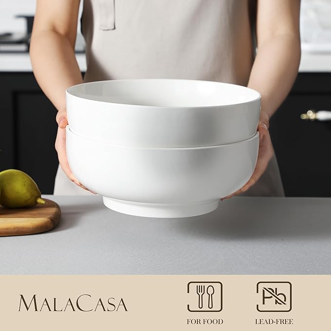 MALACASA Serving Bowls, 114 OZ(10") Extra Large Salad Bowls Set of 2, Porcelain White Serving Bowls for Salad, Soup, Pasta and Dinner, Large Ceramic Bowl Set for Entertaining, Series REGULAR-Ruum Studio Home